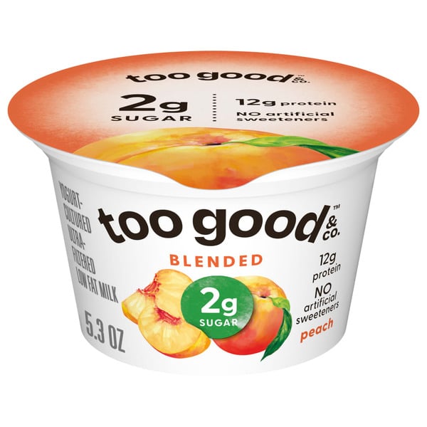 Yogurt Too Good & Co. Peach Flavored Lower Sugar, Low Fat Greek Yogurt Cultured Product, Gluten Free, Keto Friendly Healthy Snacks, 5.3 OZ Cup hero