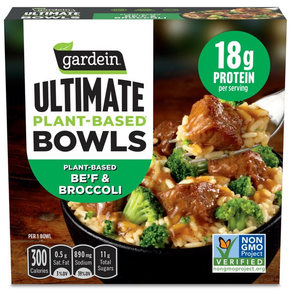 Vegetables, Vegan, & Vegetarian Gardein Ultimate Plant-Based Bowls Be'f and Broccoli, Vegan Food, Frozen Meal hero