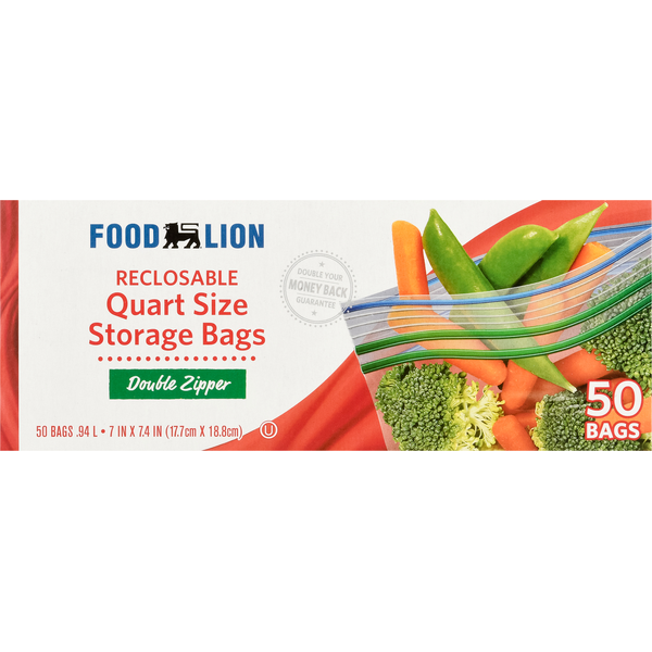 Food Wraps & Storage Food Lion Storage Bags, Double Zipper, Reclosable, Quart Size hero