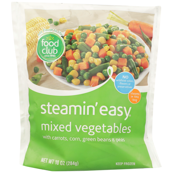 Frozen Vegan & Vegetarian Food Club Steamin' Easy, Mixed Vegetables With Carrots, Corn, Green Beans & Peas hero