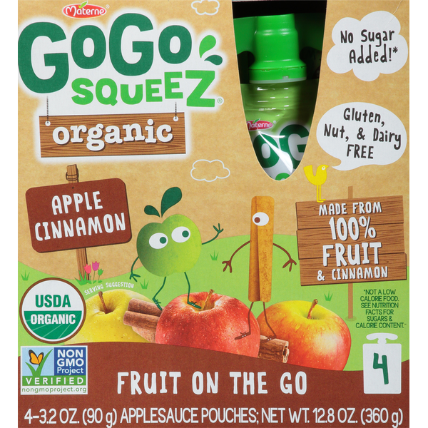 Canned Fruit & Applesauce GoGo Squeez Apple Sauce, Organic, Fruit On The Go, Apple Cinnamon, 4 Pack hero