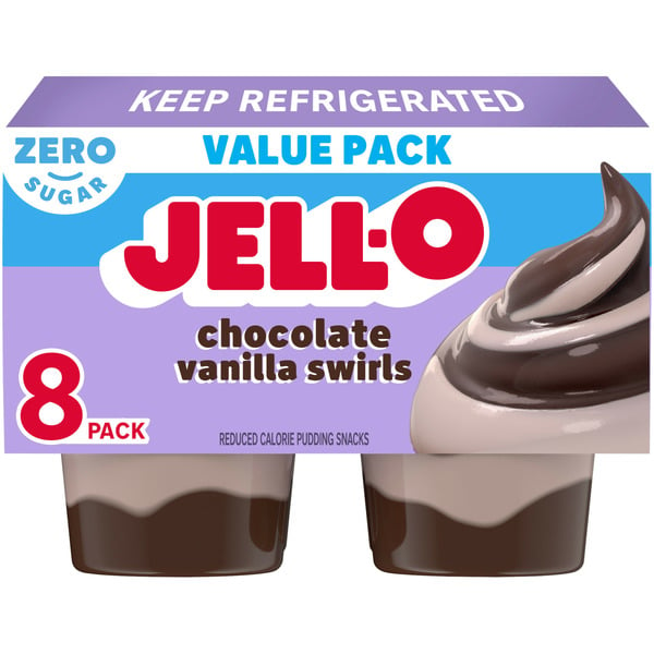 Refrigerated Pudding & Desserts Jell-O Chocolate Vanilla Swirls Sugar Free Refrigerated Pudding Cup Snacks Value Pack hero