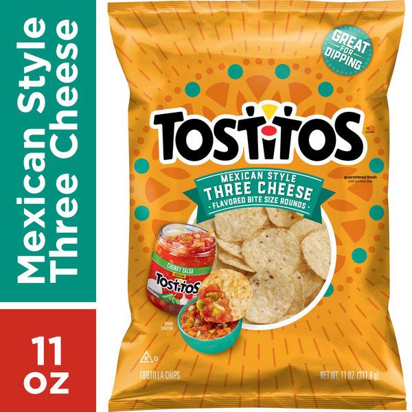 Chips & Pretzels Tostitos Tortilla Chips, Three Cheese, Mexican Style, Bite Size Rounds hero