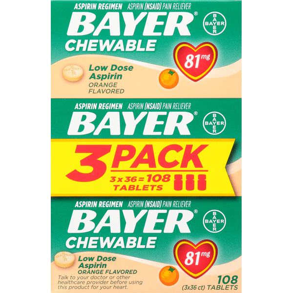 Muscles, Joints & Pain Relief Bayer Aspirin, Low Dosage, 81 mg, Chewable Tablets, Orange Flavored, 3 Pack hero