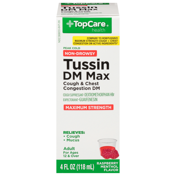 Cold, Flu & Allergy TopCare Tussin DM Max, Maximum Strength, Non-Drowsy, Raspberry Menthol Flavor hero