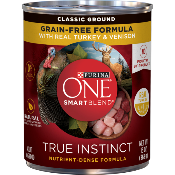 Water, Seltzer, Sparkling Water Purina ONE Grain Free, Natural Pate Wet Dog Food, SmartBlend True Instinct With Real Turkey & Venison hero