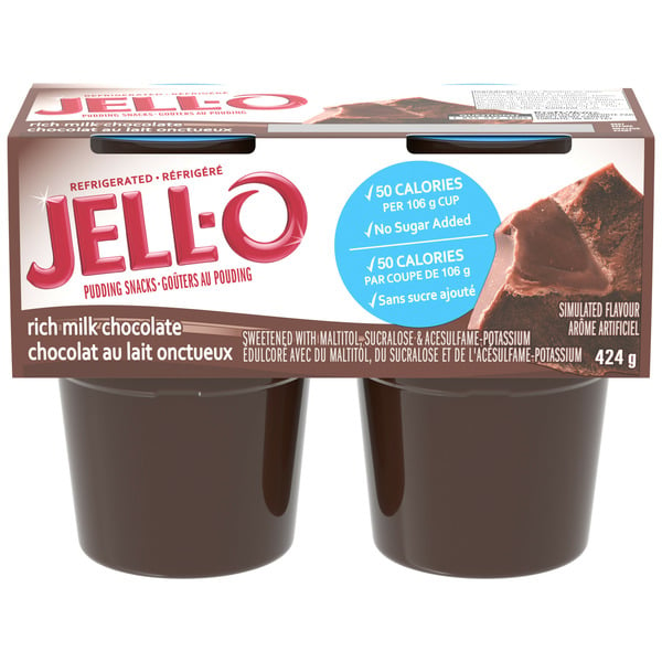 Refrigerated Pudding & Desserts Jell-O Rich Milk Chocolate No Sugar Added Ready-to-Eat Refrigerated Pudding Cups Snack hero