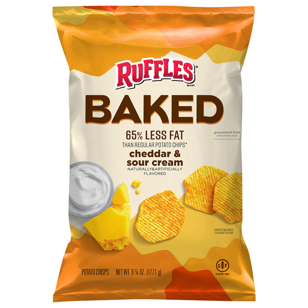 Potato Chips,Tortilla & Pretzels Ruffles Baked Potato Crisps, Cheddar & Sour Cream Flavored hero