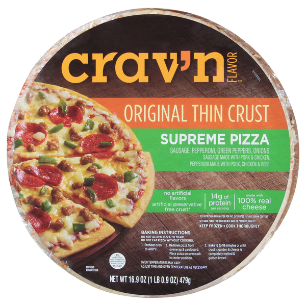 Frozen Pizza Crav'n Flavor Pizza, Original Thin Crust, Supreme hero