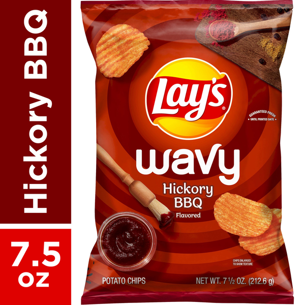 Chips & Pretzels Lay's Potato Chips, Hickory BBQ Flavored, Wavy hero