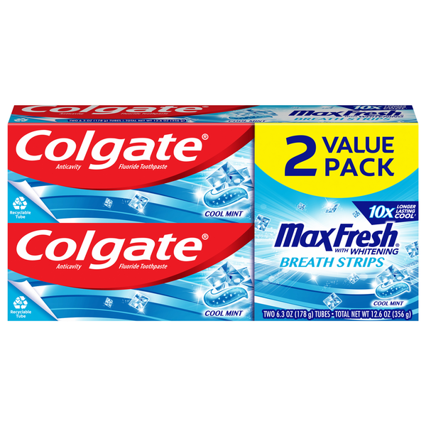 Oral Hygiene Colgate Toothpaste, Cool Mint, Breath Strips, 2 Value Pack hero