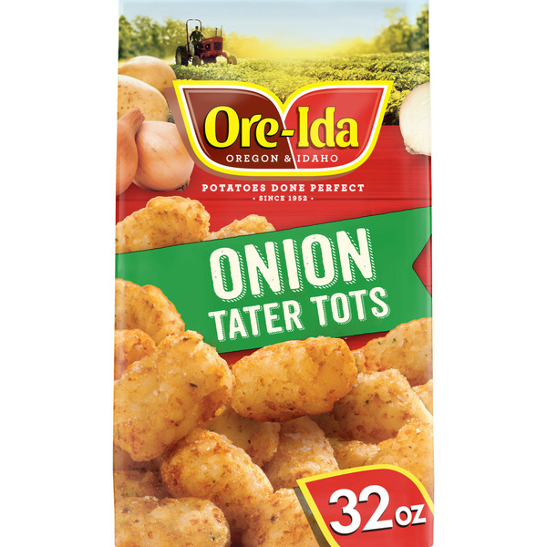 Frozen Appetizers & Sides Ore-Ida Onion Tater Tots Seasoned Shredded Potatoes with Diced Onions Frozen Food Snacks hero