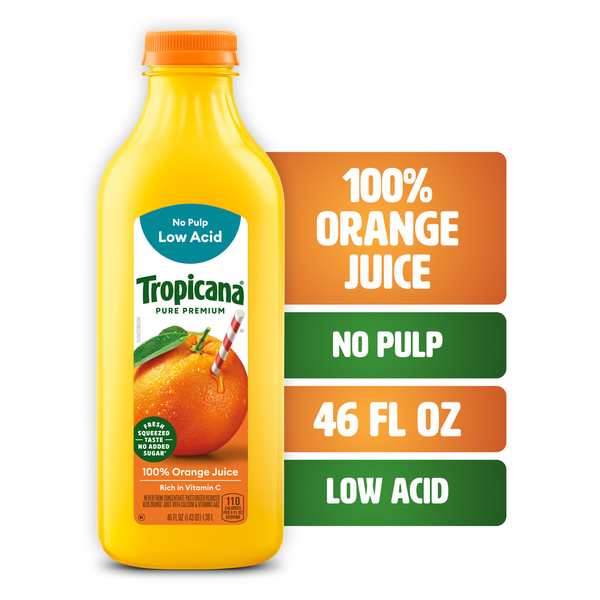 Refrigerated Tropicana 100% Orange Juice Original, No Pulp, Low Acid, 46 fl oz bottle hero