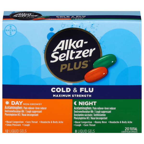 Cold, Flu & Allergy Alka-Seltzer Plus Cold & Flu, Maximum Strength, Day & Night, Liquid Gels hero