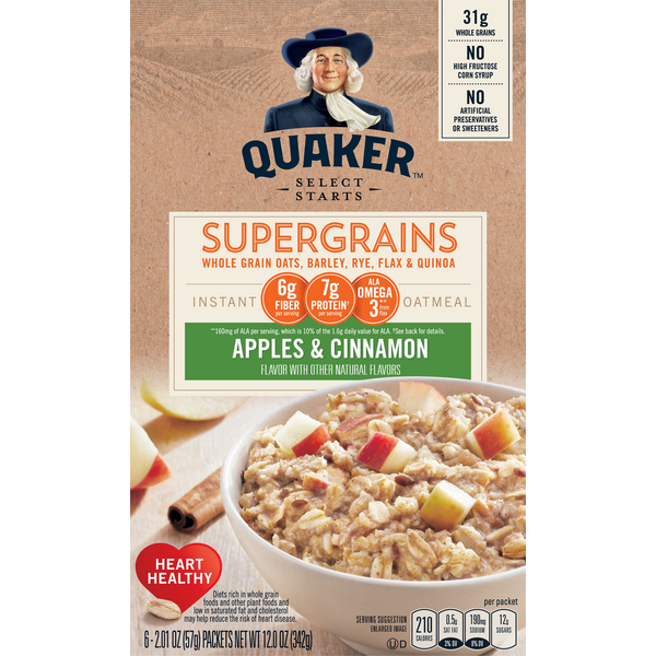 Hot Cereal & Pancake Mixes Quaker Instant Oatmeal, SuperGrains, Apples & Cinnamon hero