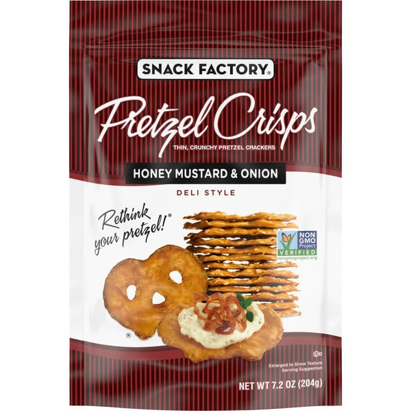 Crackers Snack Factory Honey Mustard and Onion Pretzel Crisps hero