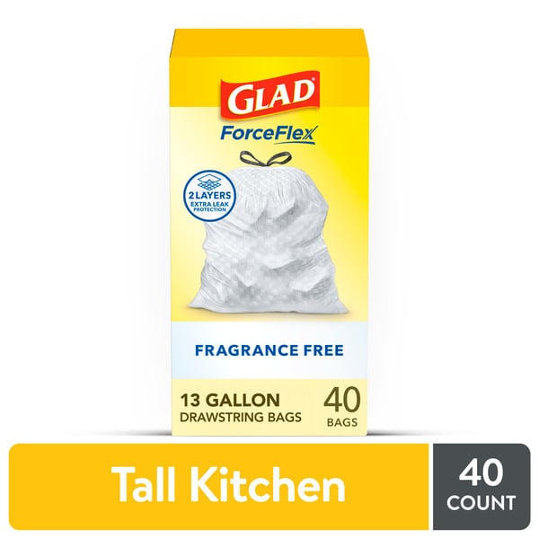 Glad ForceFlex Tall Kitchen Drawstring Trash Bags, 13 Gallon, Fragrance Free hero