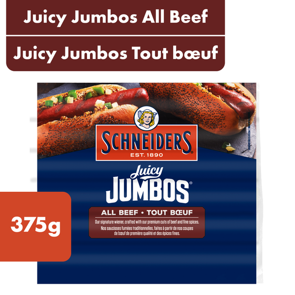 Hot Dogs, Bacon & Sausage Schneiders Juicy Jumbos All Beef Hot Dogs hero