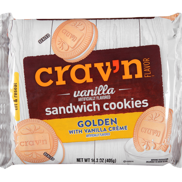 Crav'n Flavor Sandwich Cookies, Vanilla, Golden with Vanilla Creme hero