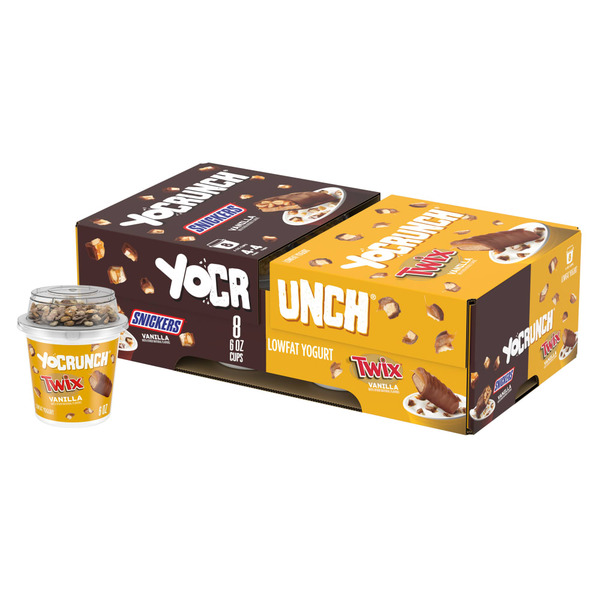 Yogurt YoCrunch Vanilla Low Fat Yogurt Cups with SNICKERS(R) and TWIX(R) hero