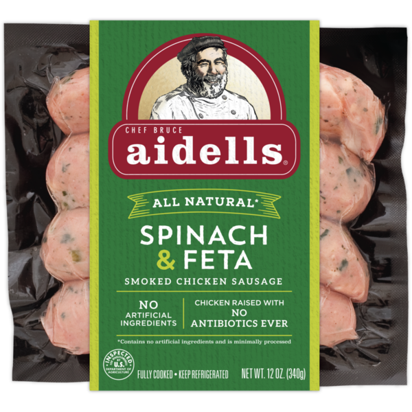 Hot Dogs, Bacon & Sausage Aidells Smoked Chicken Sausage, Spinach & Feta, 12 oz. (4 Fully Cooked Links) hero