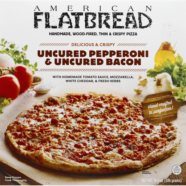 Frozen Pizza American Flatbread Pizza, Uncured Pepperoni & Uncured Bacon, Delicious & Crispy hero