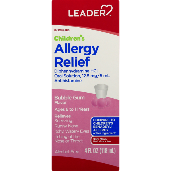 Cold, Flu & Allergy Leader Allergy Relief, Children's, Bubble Gum Flavor hero