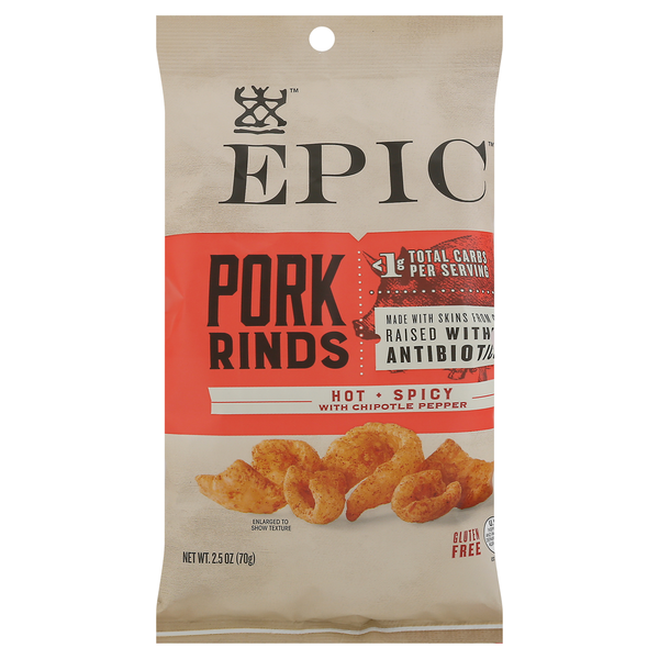 Chips & Pretzels EPIC Pork Rinds, Hot + Spicy hero