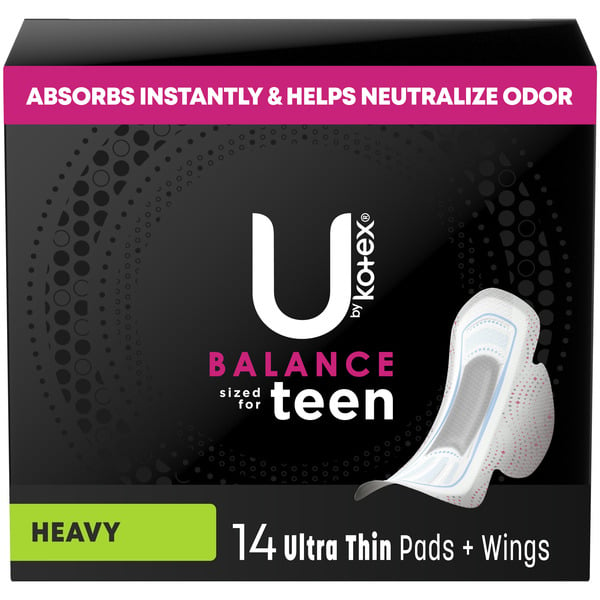 Feminine Care U by Kotex Balance Sized for Teens Ultra Thin Pads with Wings, Heavy Absorbency hero