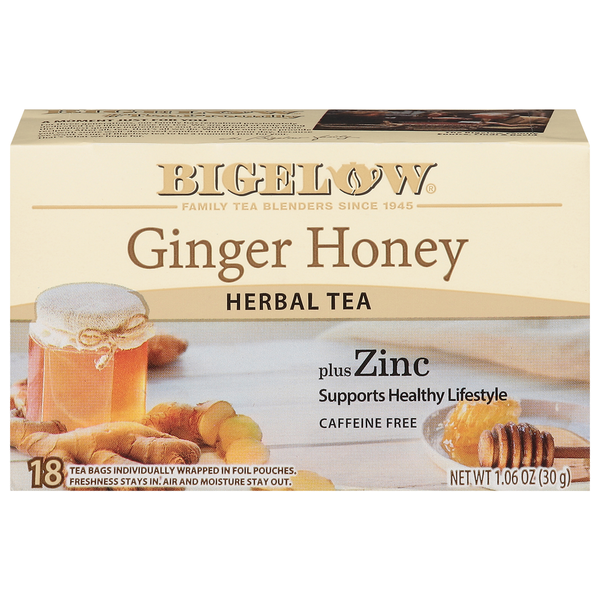 Tea Bigelow Herbal Tea, Plus Zinc, Caffeine Free, Ginger Honey, Tea Bags hero