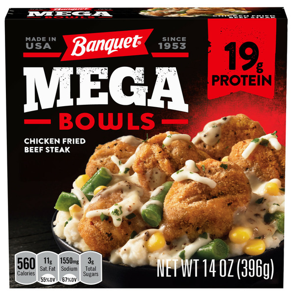 Frozen Meals Banquet Mega Bowls Chicken Fried Beef Steak, Frozen Meal hero