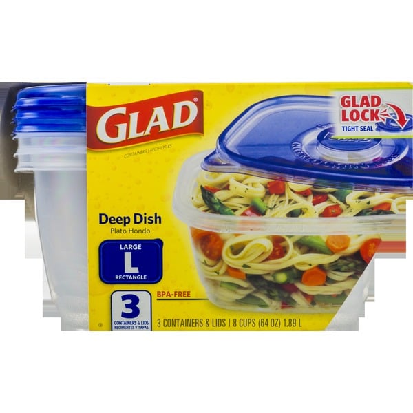 Food Storage Glad Containers & Lids, Deep Dish, Large Rectangle, 8 Cups hero