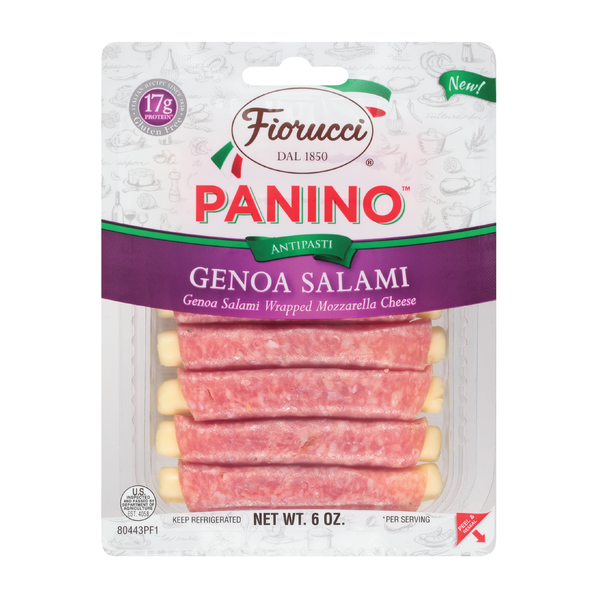 Lunch Meat Fiorucci Genoa Salami Wrapped Mozzarella Cheese Panino,  Easy to Open Packets,  Resealable Package hero