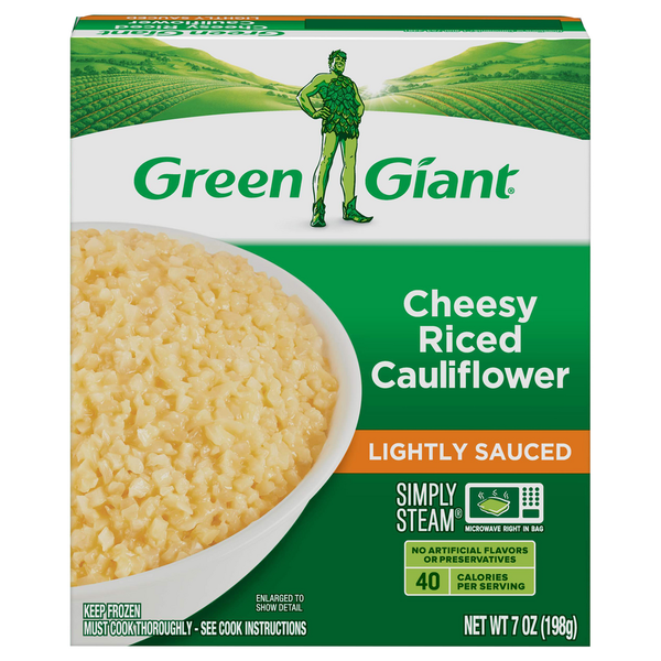 Frozen Produce Green Giant Simply Steam Riced Cauliflower & Cheese Sauce Riced Veggies hero