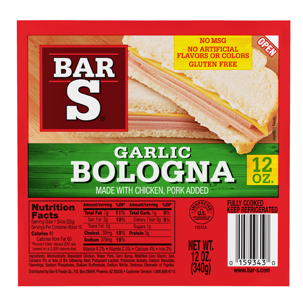 Lunch Meat Bar-S Garlic Bologna Sliced Deli-Style Lunch Meat hero