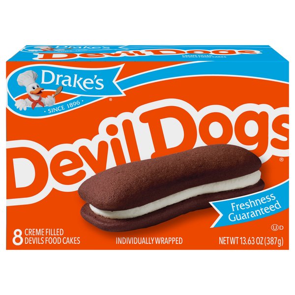 Cookies & Cakes Drake's Devils Food Cakes, Creme Filled, Devil Dogs, 8 Pack hero