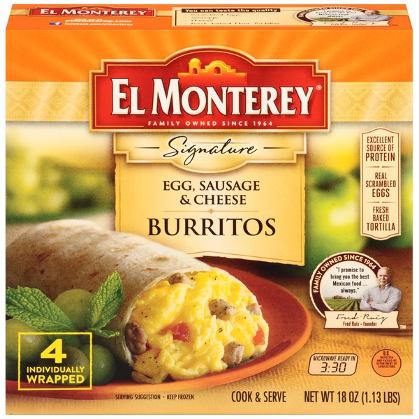 Frozen Breakfast El Monterey Signature Egg Sausage & Cheese Burritos hero