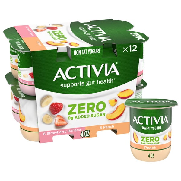 Yogurt/Kefir Activia 0g Added Sugar* Strawberry Banana and Peach Probiotic Yogurt, Nonfat Yogurt Cups hero