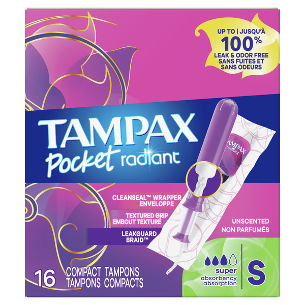 Feminine Care TAMPAX Pocket Radiant Compact Plastic Tampons, Unscented, Super hero