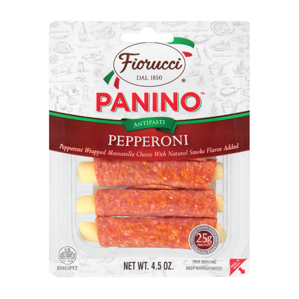 Deli Packaged Specialty Meat Fiorucci Pepperoni Wrapped Mozzarella Cheese Panino,  Easy to Open Packets,  Resealable Package hero