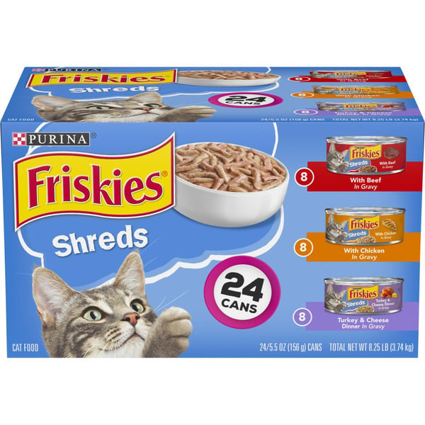 Wet Cat Food Purina Friskies Gravy Wet Cat Food , Shreds Beef, Chicken and Turkey & Cheese Dinner hero