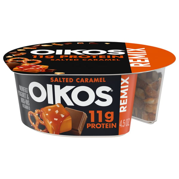 Oikos Salted Caramel 11g Protein, Caramel Nonfat Greek Yogurt with Pretzels, Dark Choc hero