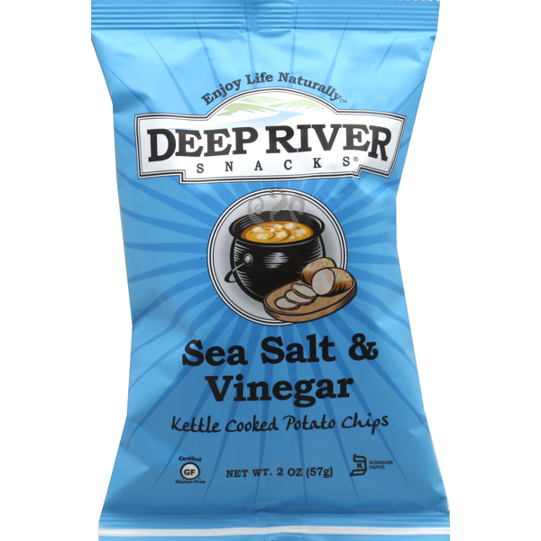 Deli Dips, Spreads, Snacks Deep River Snacks Potato Chips, Kettle Cooked, Sea Salt & Vinegar hero