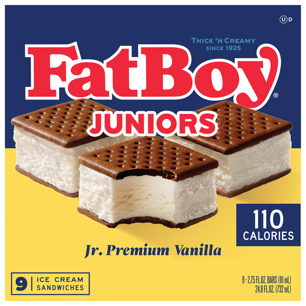 Ice Cream & Ice FatBoy Ice Cream Sandwiches, Jr. Premium Vanilla, Juniors hero