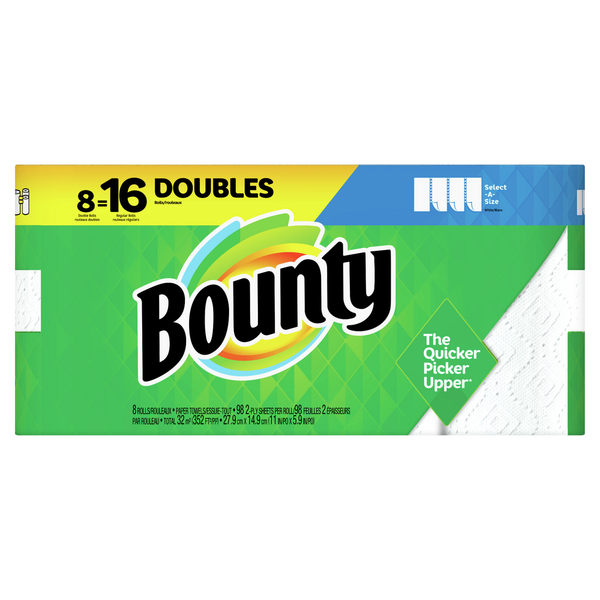 Paper Goods Bounty Select-A-Size Paper Towels, White, 8 Double Rolls = 16 Regular Rolls hero