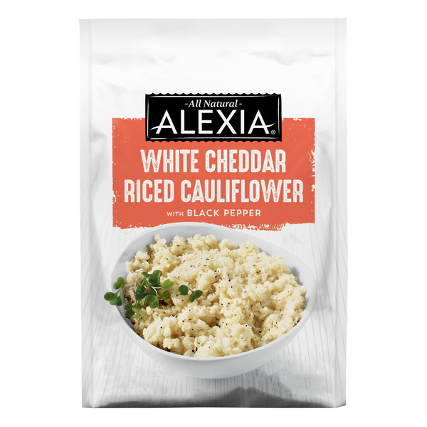 Frozen Meals Alexia White Cheddar Riced Cauliflower with Black Pepper, Frozen Side hero