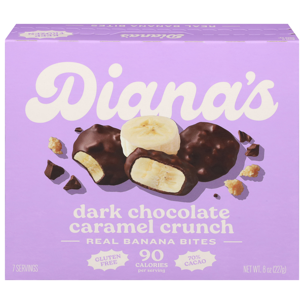 Diana's Bananas Gluten Free Dark Chocolate Caramel Crunch Frozen Fresh Fruit Bananas Bites hero