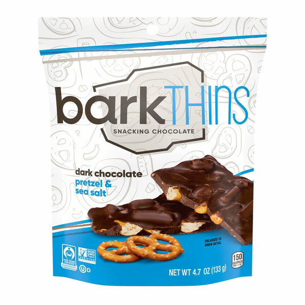 Candy & Chocolate Bark Thins Dark Chocolate, Pretzel and Sea Salt Snacking Chocolate hero