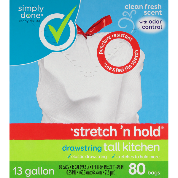 Trash Bags & Liners Simply Done Tall Kitchen Bags, Drawstring, Clean Fresh Scent, 13 Gallon hero