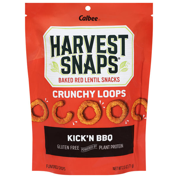 Harvest Snaps Red Lentil Snacks, Baked, Kick'n BBQ, Crunchy Loops hero